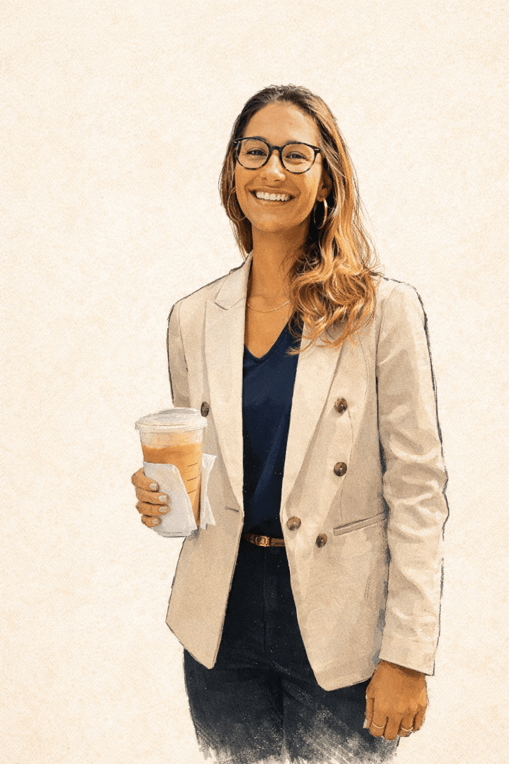 Kat smiling with an iced coffee